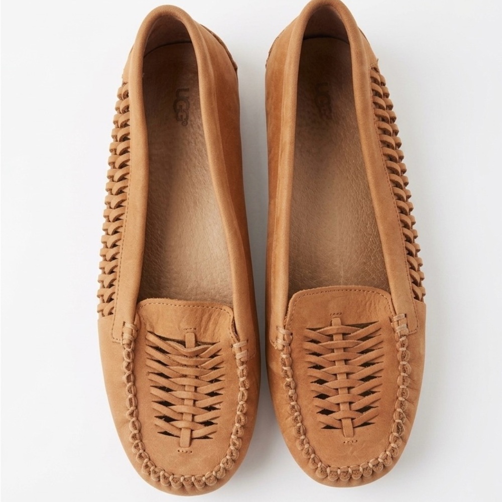 UGG Clary Chestnut Leather Woven Twinsole Moccasin Driving Flats - Size 10